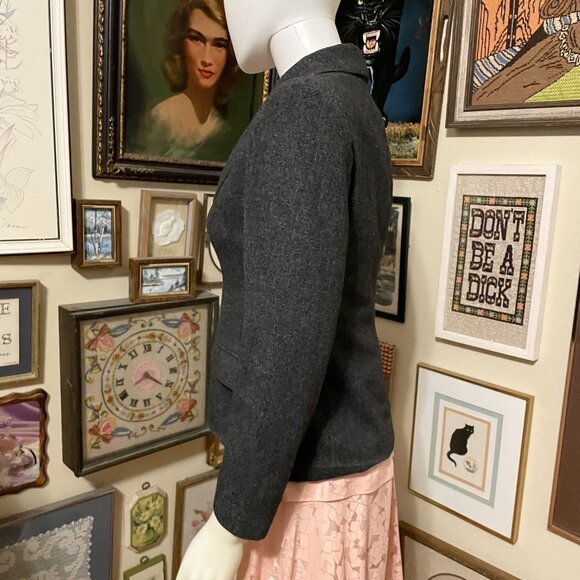 80s Vintage Halston III Petite Charcoal Gray Wool Blend Blazer Jacket Size 6P - Picture 2 of 7